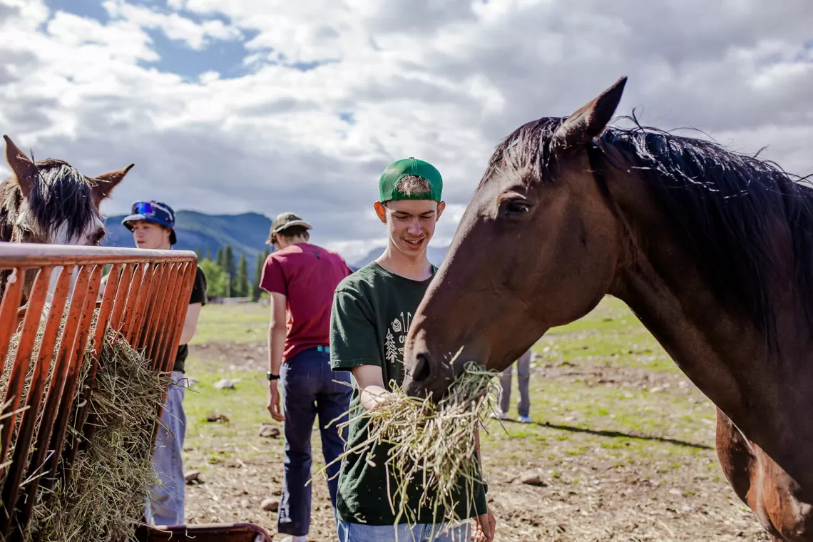 Camp Counsellor Feeds a Horse with Hay at Camp Chief Hector